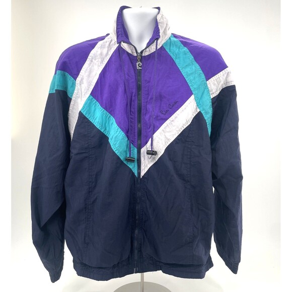 VTG Pierre Cardin Windbreaker Mens L Retro Jacket Color Block Blue Purple FLAW - Picture 1 of 15